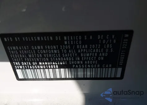 2017 Volkswagen Golf Tsi S 4-Door/Tsi Se 4-Door/Tsi Sel 4-Door/Tsi Wolfsburg Edition 4-Door из США, поврежденный, VIN 3VW217AU5HM019858